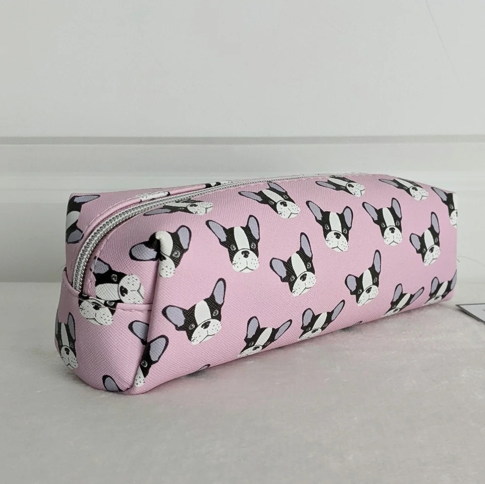 Boston Terrier Frenchie Small Cosmetic Pencil Case PVC Saffiano Pink NWT